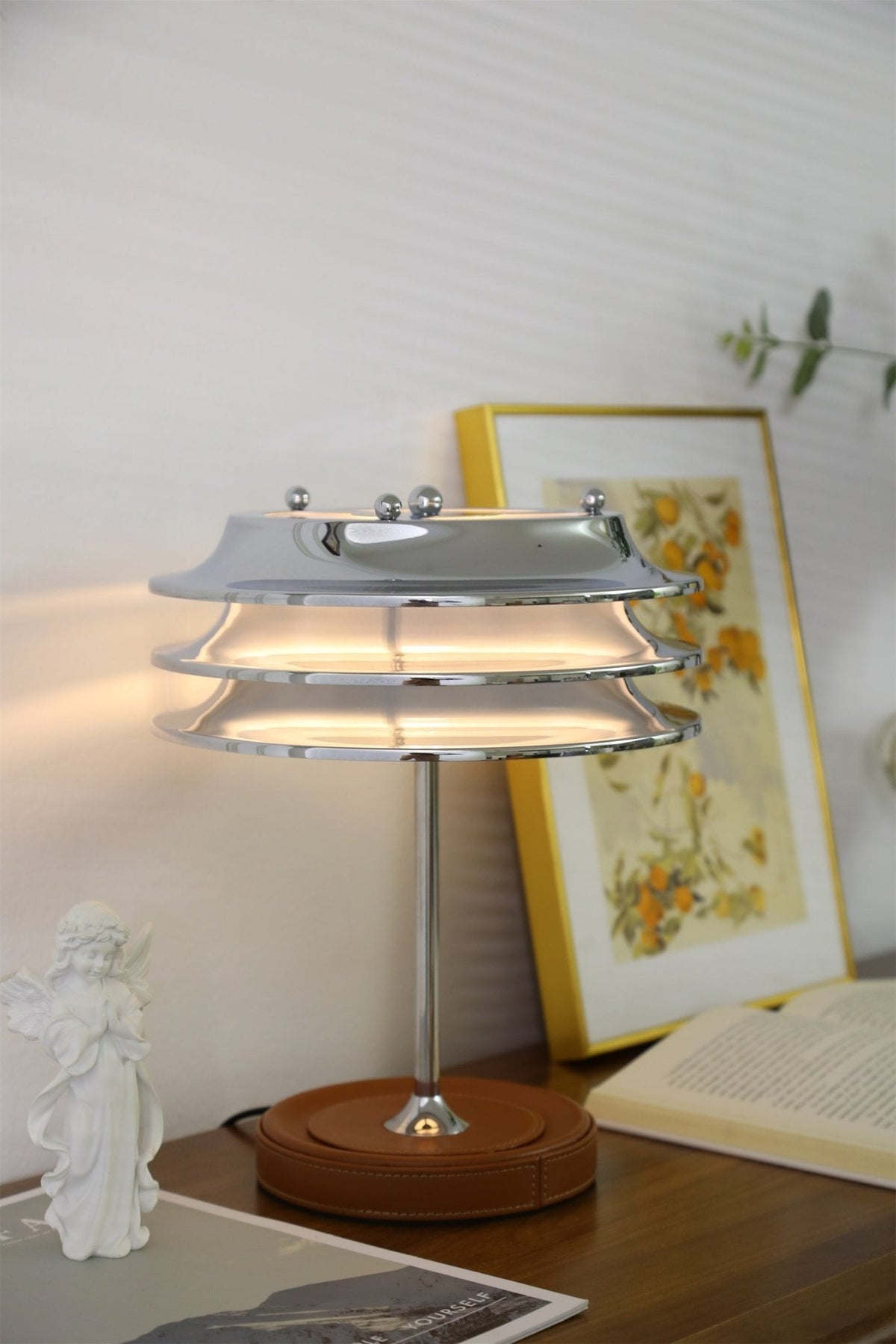 Calystron Sculptural Chrome Table Lamp with Leather Accent