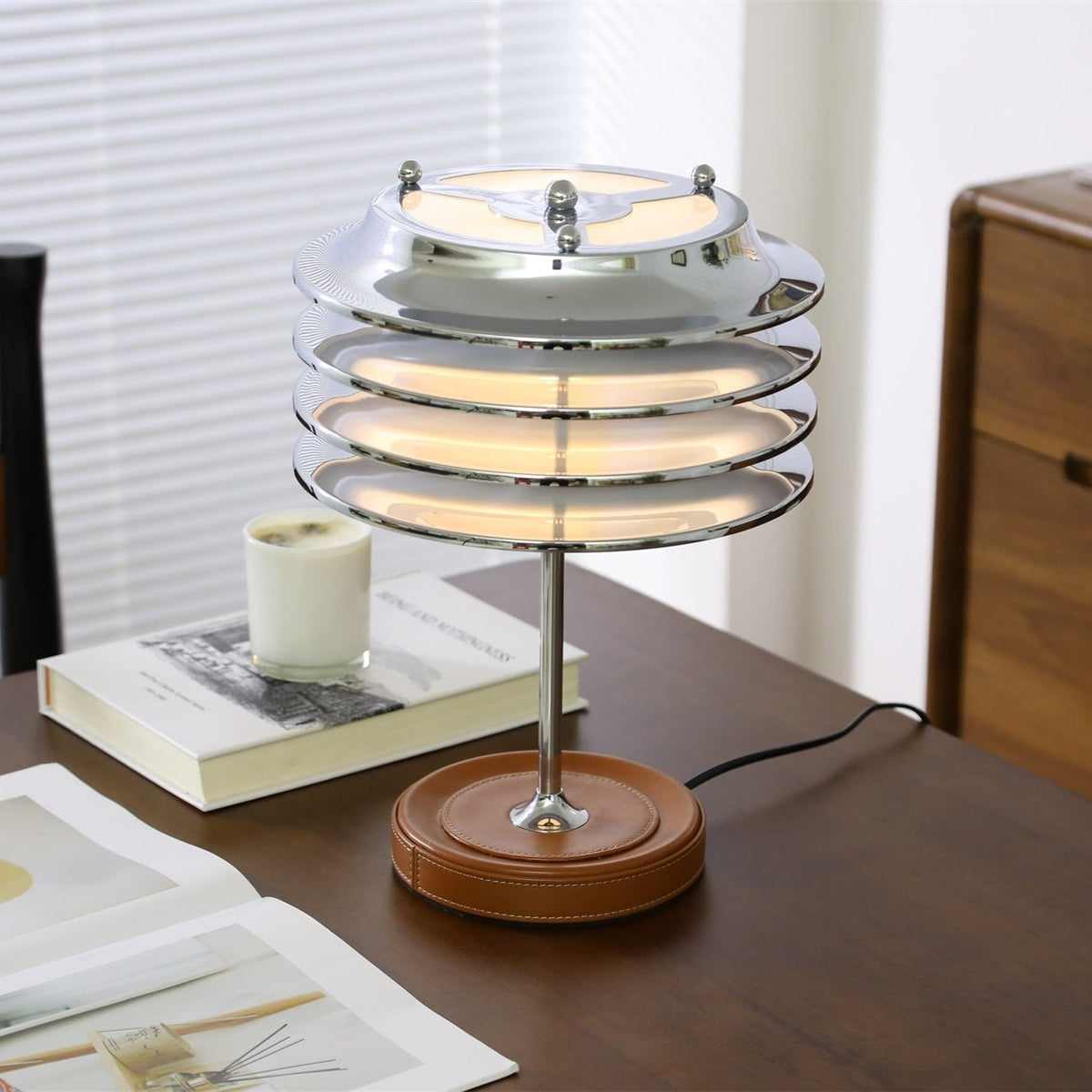 Calystron Sculptural Chrome Table Lamp with Leather Accent