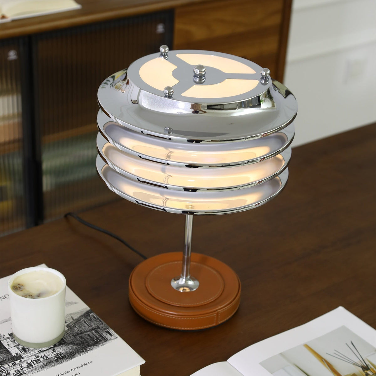 Calystron Sculptural Chrome Table Lamp with Leather Accent