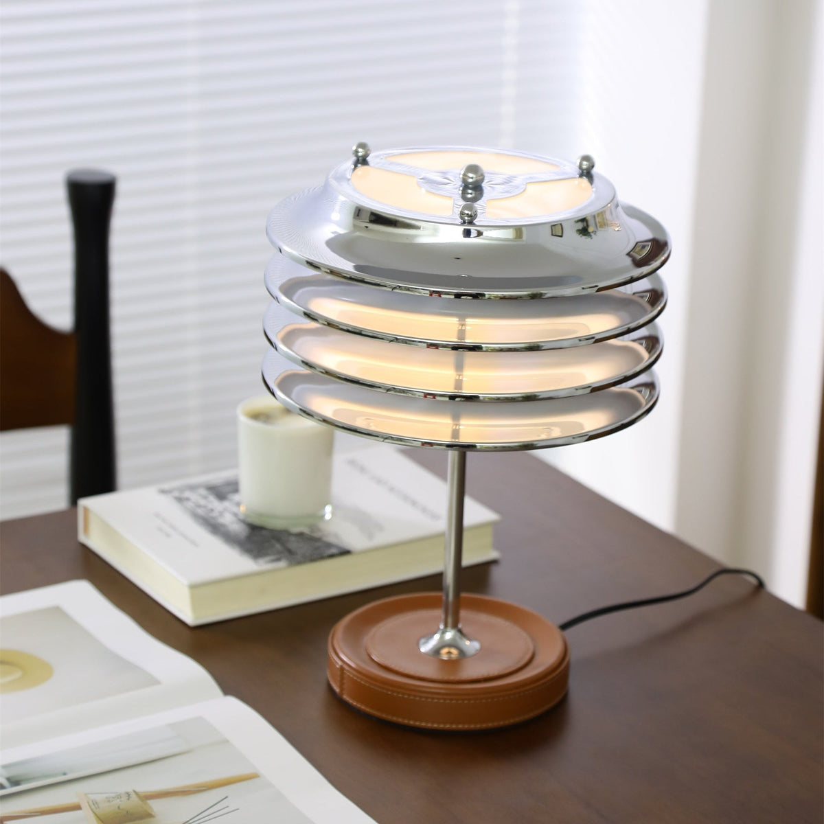 Calystron Sculptural Chrome Table Lamp with Leather Accent