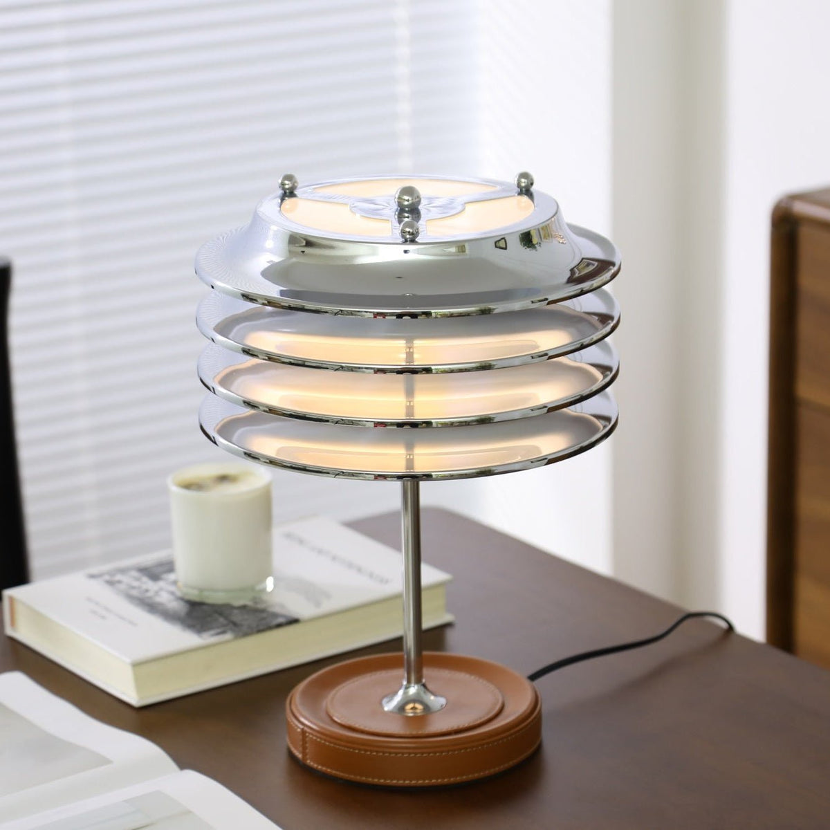 Calystron Sculptural Chrome Table Lamp with Leather Accent
