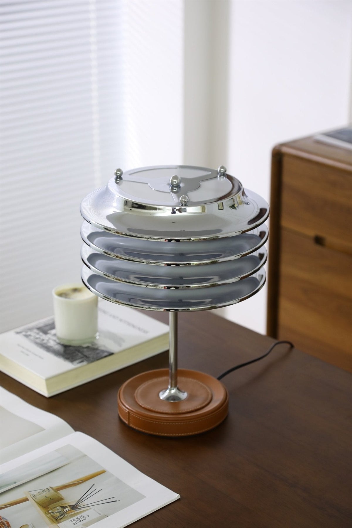 Calystron Sculptural Chrome Table Lamp with Leather Accent