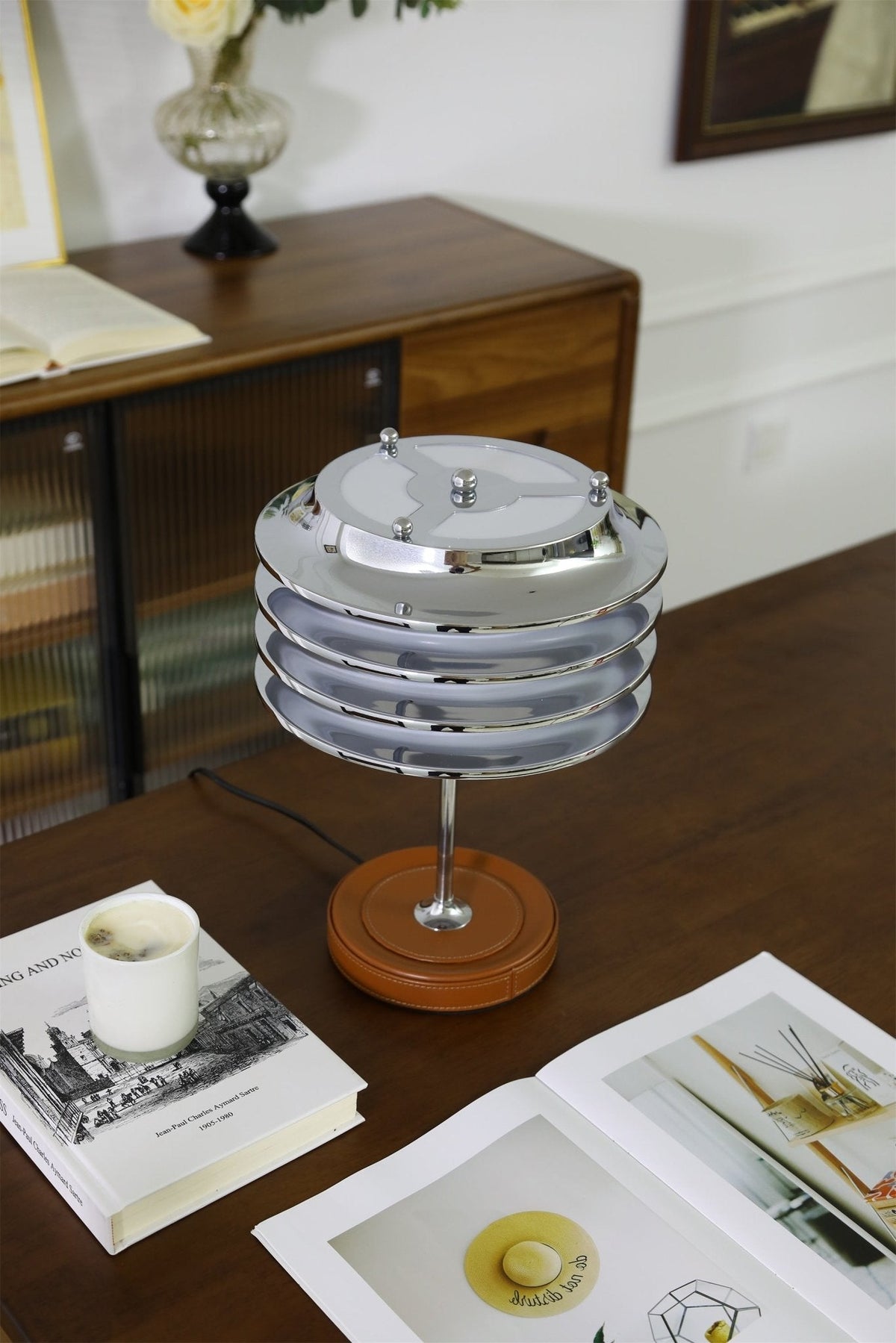 Calystron Sculptural Chrome Table Lamp with Leather Accent