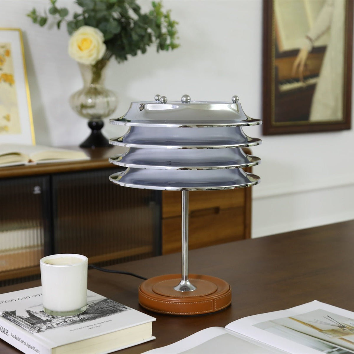 Calystron Sculptural Chrome Table Lamp with Leather Accent