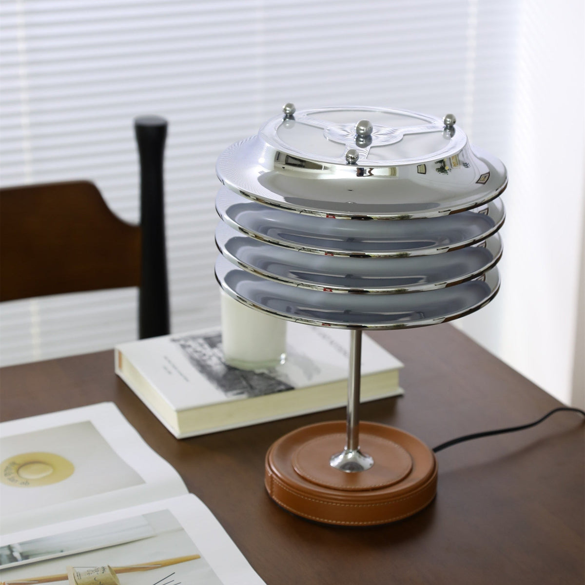 Calystron Sculptural Chrome Table Lamp with Leather Accent