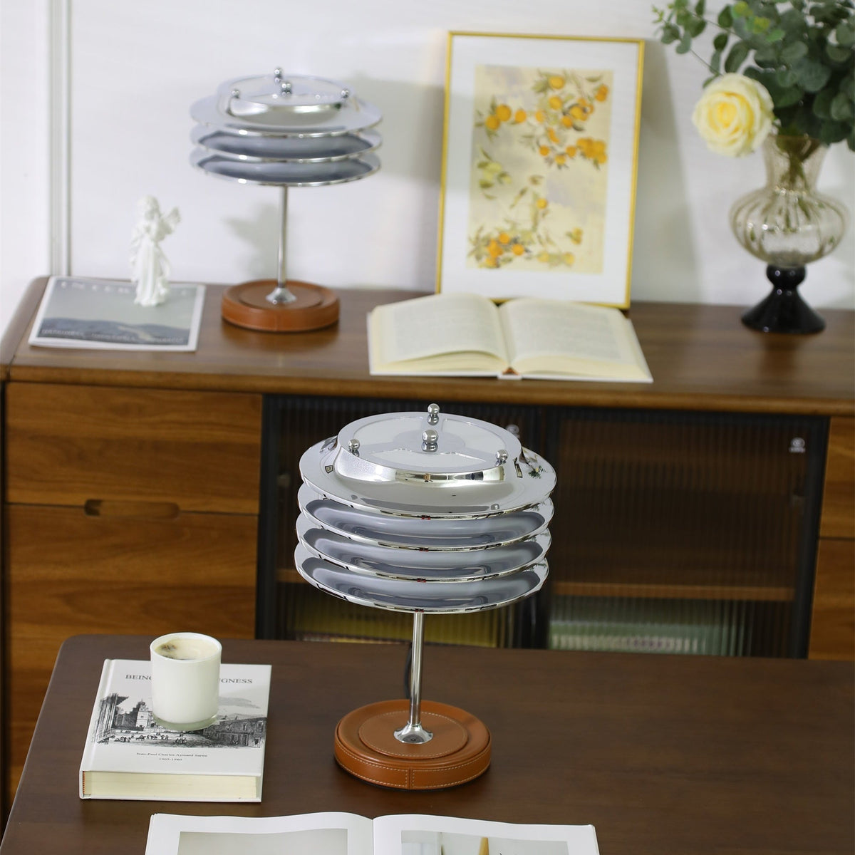 Calystron Sculptural Chrome Table Lamp with Leather Accent