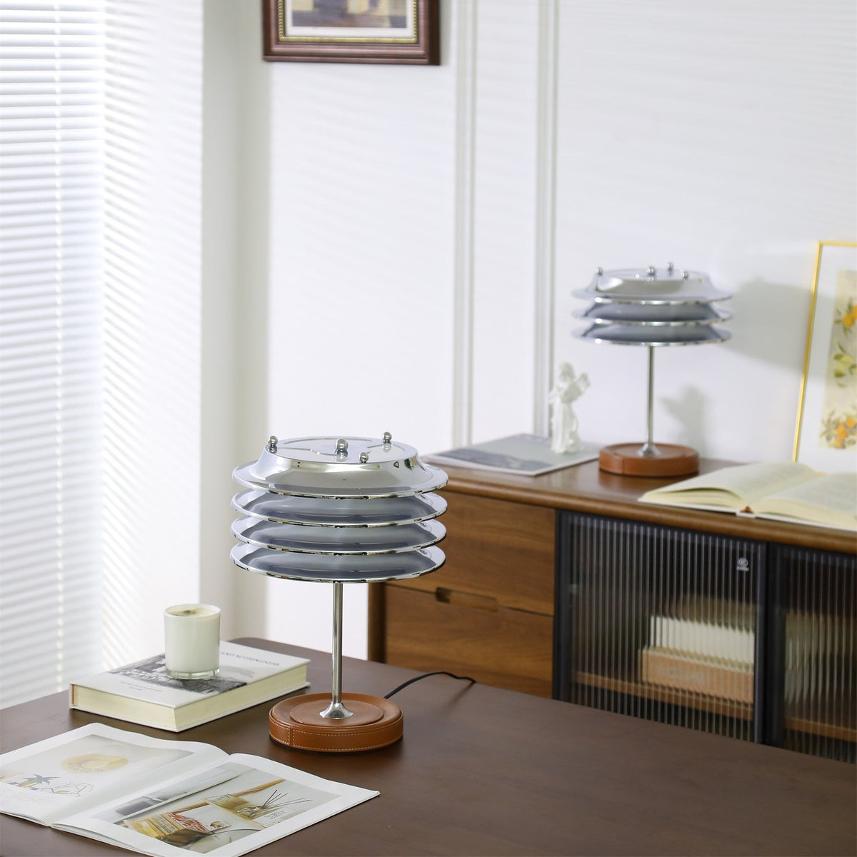 Calystron Sculptural Chrome Table Lamp with Leather Accent