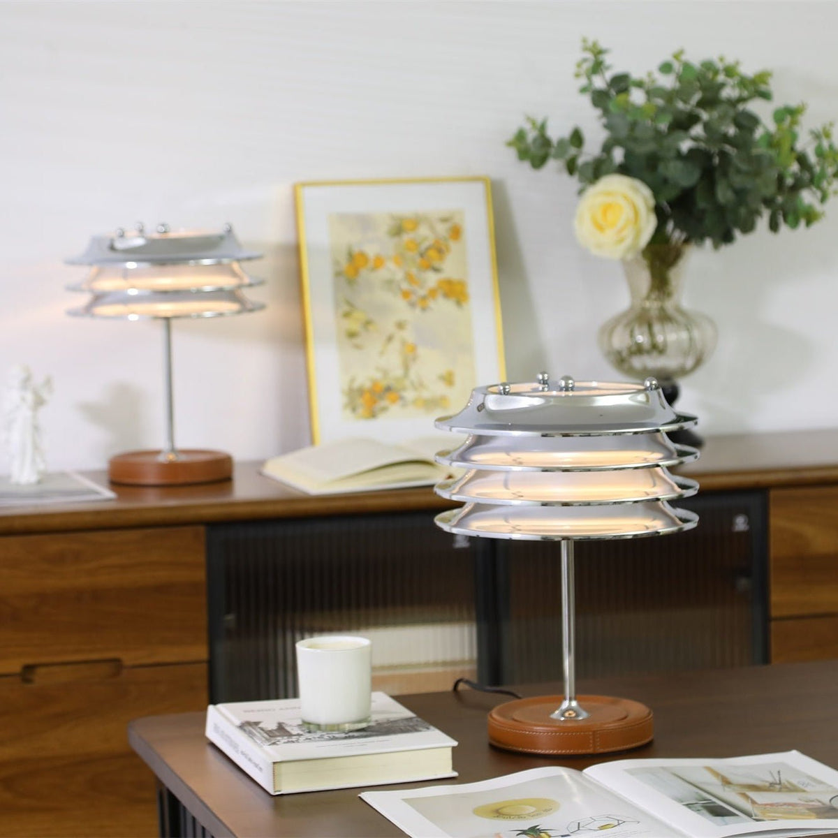 Calystron Sculptural Chrome Table Lamp with Leather Accent