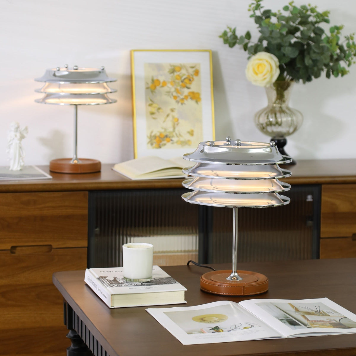 Calystron Sculptural Chrome Table Lamp with Leather Accent