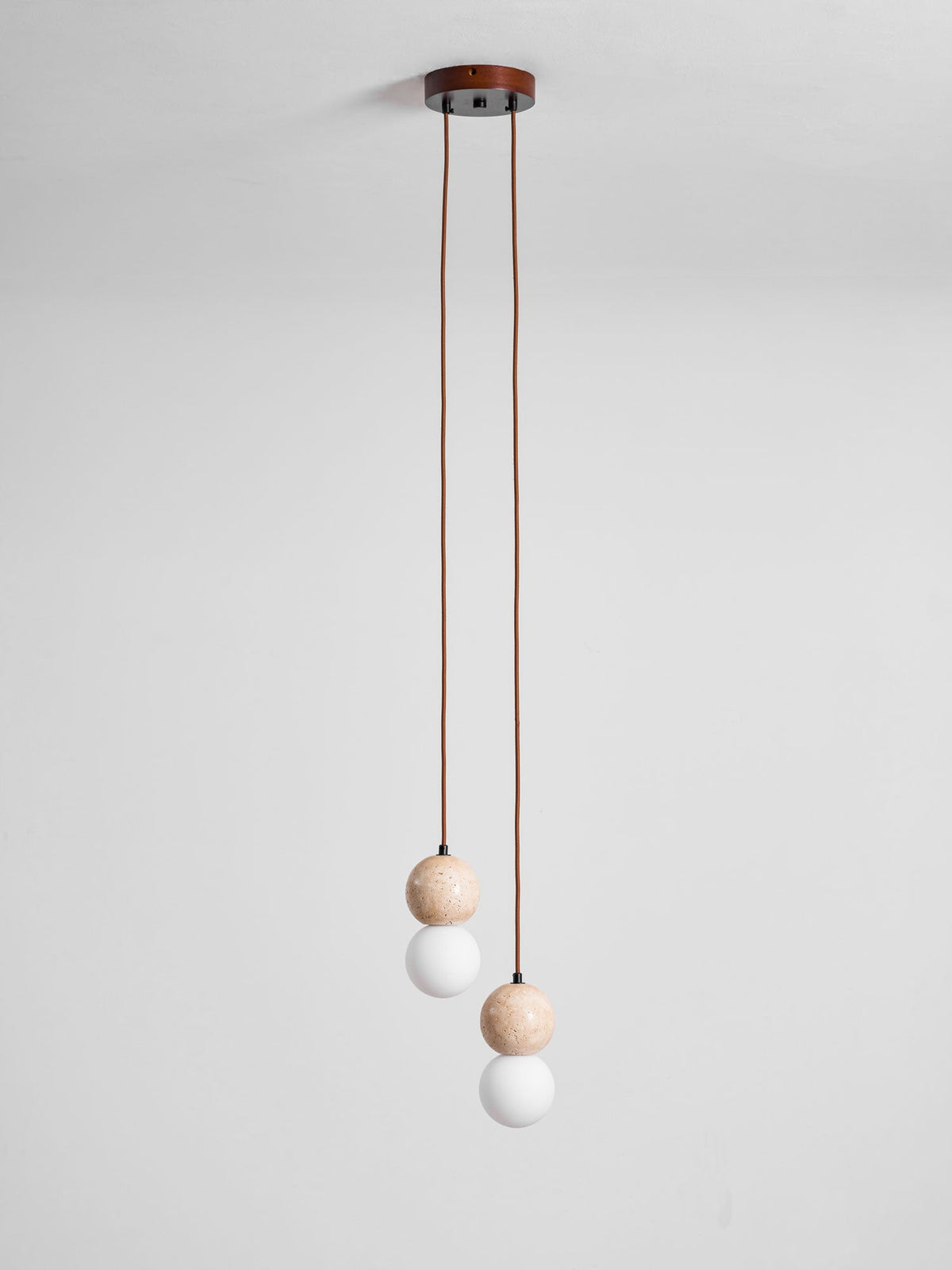 Camille Travertine Pendant Light – Natural Stone Sphere with Opal Glass Globe