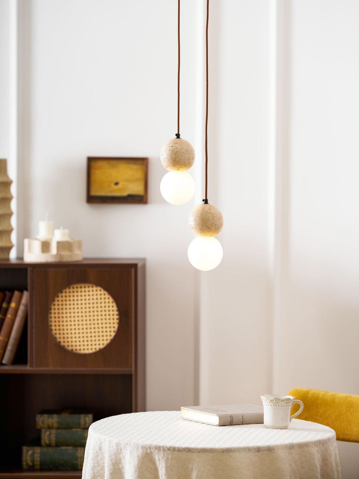 Camille Travertine Pendant Light – Natural Stone Sphere with Opal Glass Globe