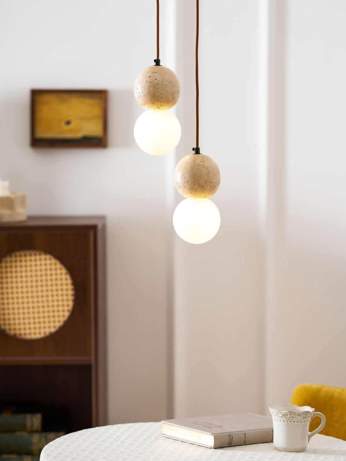 Camille Travertine Pendant Light – Natural Stone Sphere with Opal Glass Globe