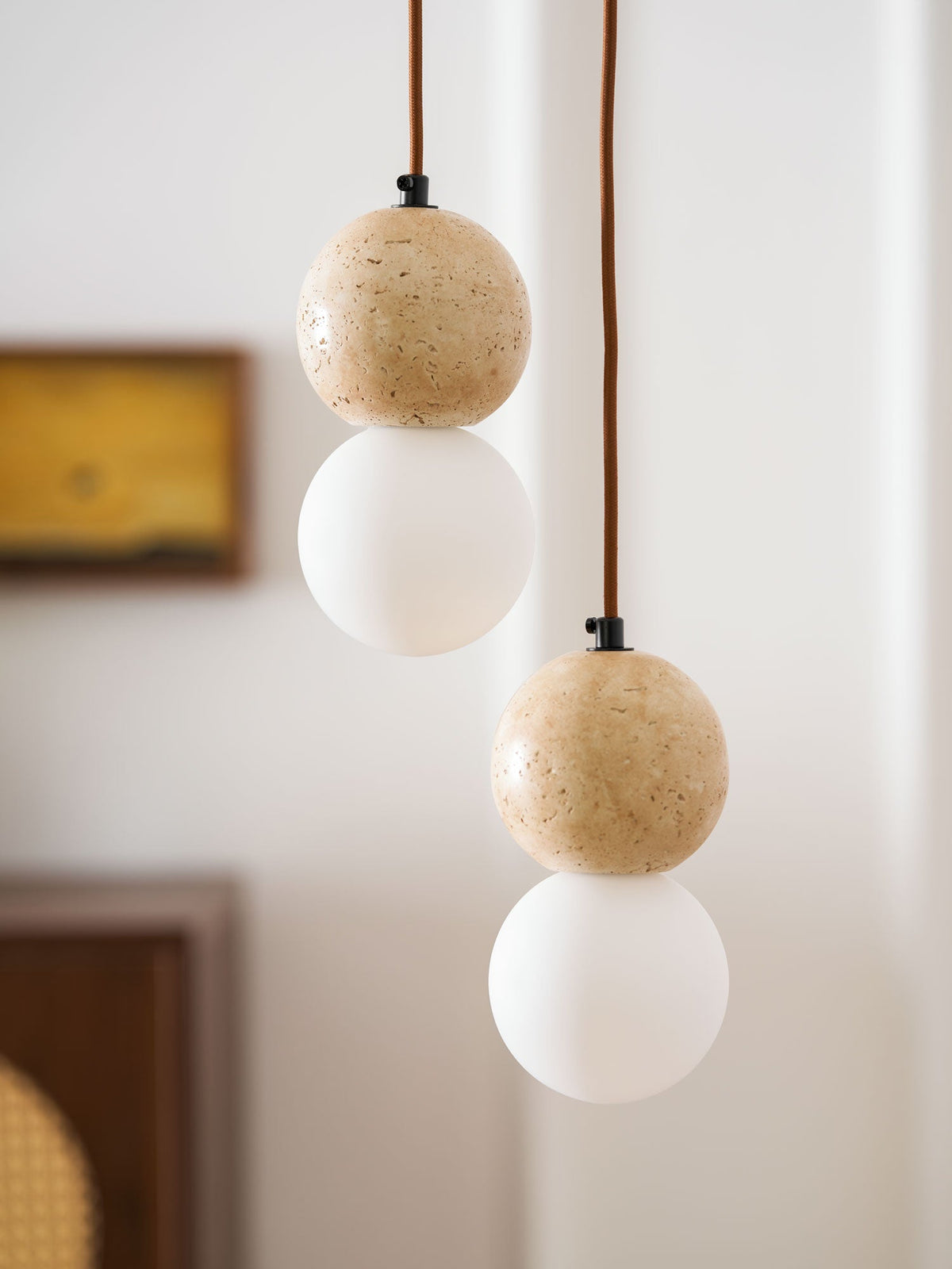 Camille Travertine Pendant Light – Natural Stone Sphere with Opal Glass Globe