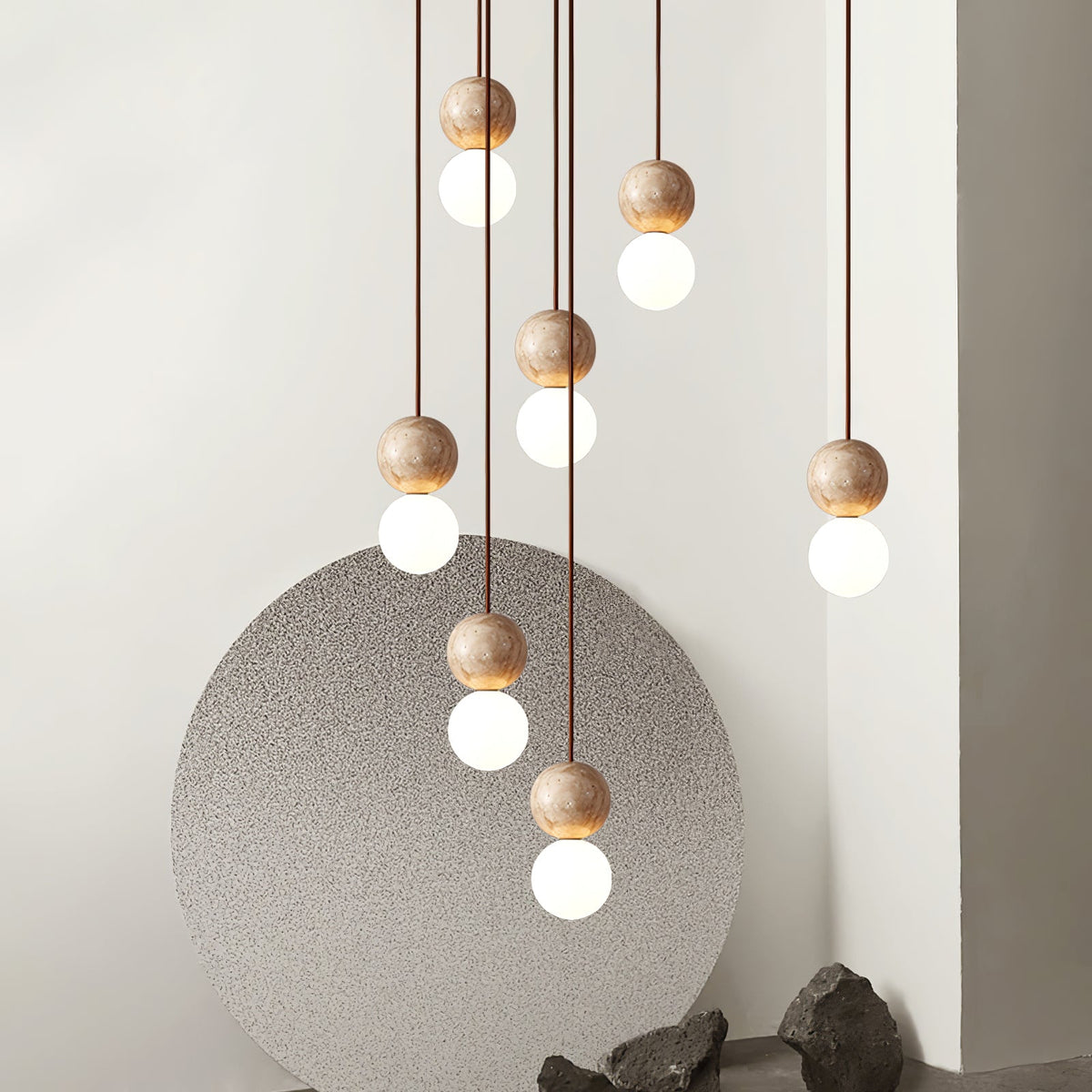 Camille Travertine Pendant Light – Natural Stone Sphere with Opal Glass Globe