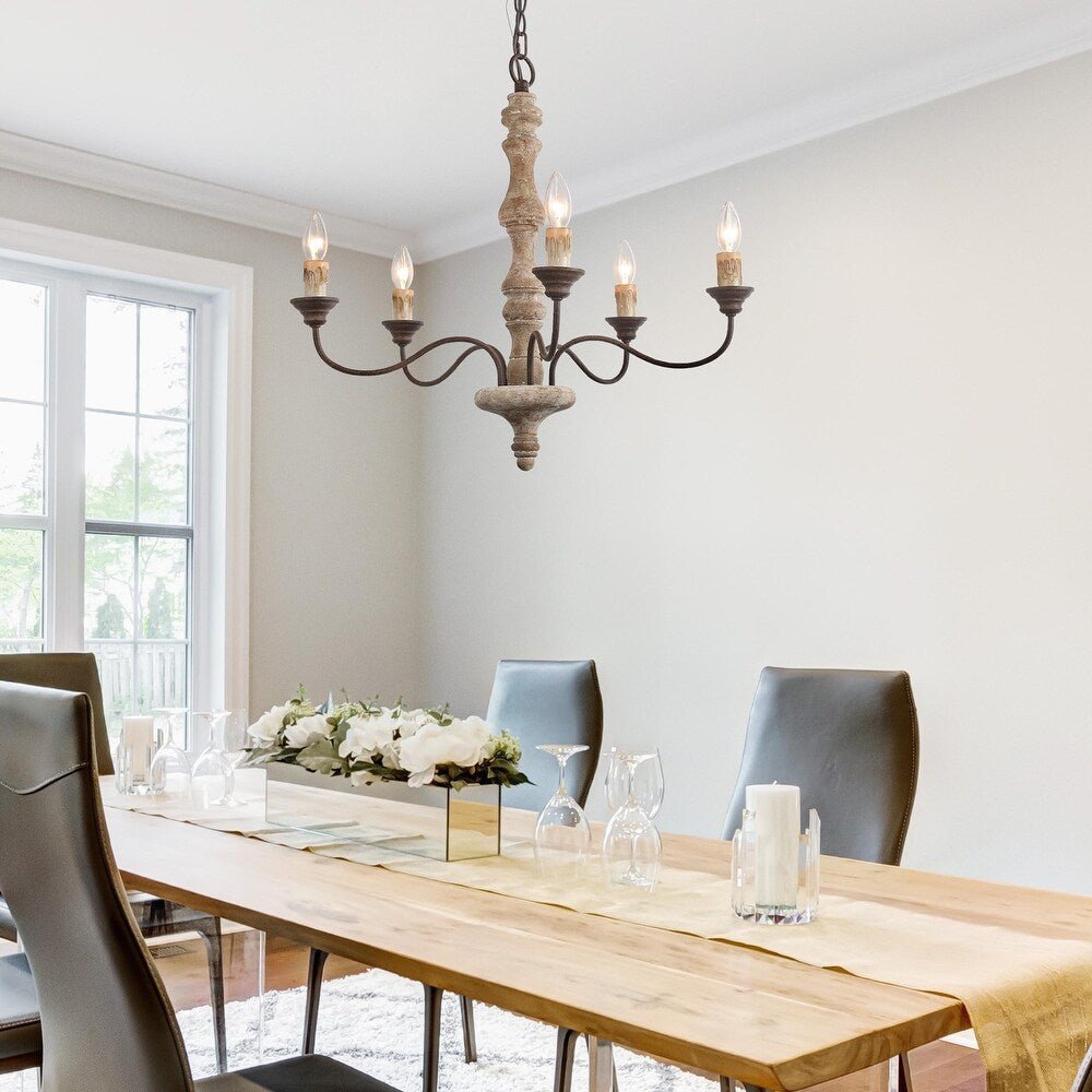 Candlestick Farmhouse Chandelier – Rustic Iron & Wood 5-Light Pendant for Dining Room