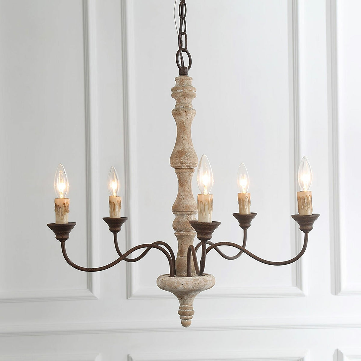 Candlestick Farmhouse Chandelier – Rustic Iron & Wood 5-Light Pendant for Dining Room