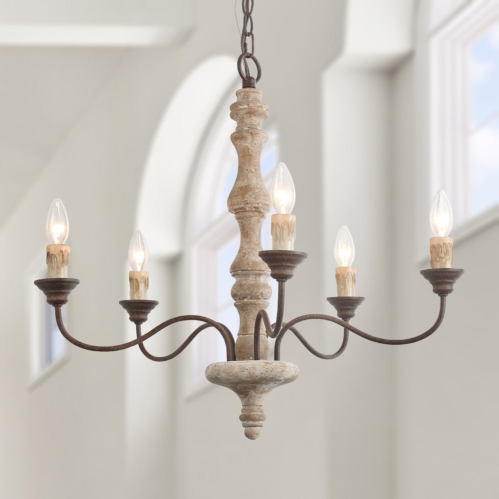 Candlestick Farmhouse Chandelier – Rustic Iron & Wood 5-Light Pendant for Dining Room
