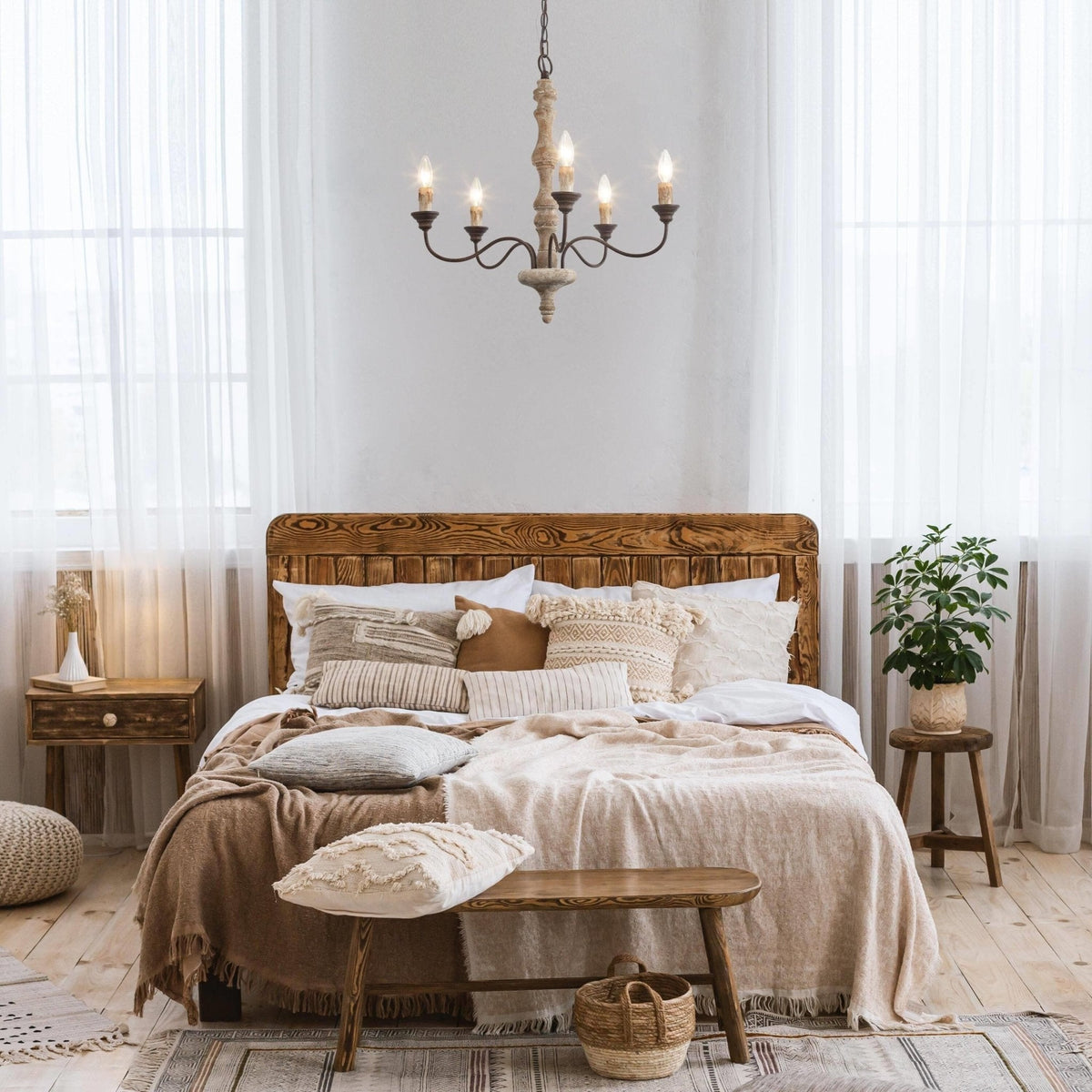 Candlestick Farmhouse Chandelier – Rustic Iron & Wood 5-Light Pendant for Dining Room