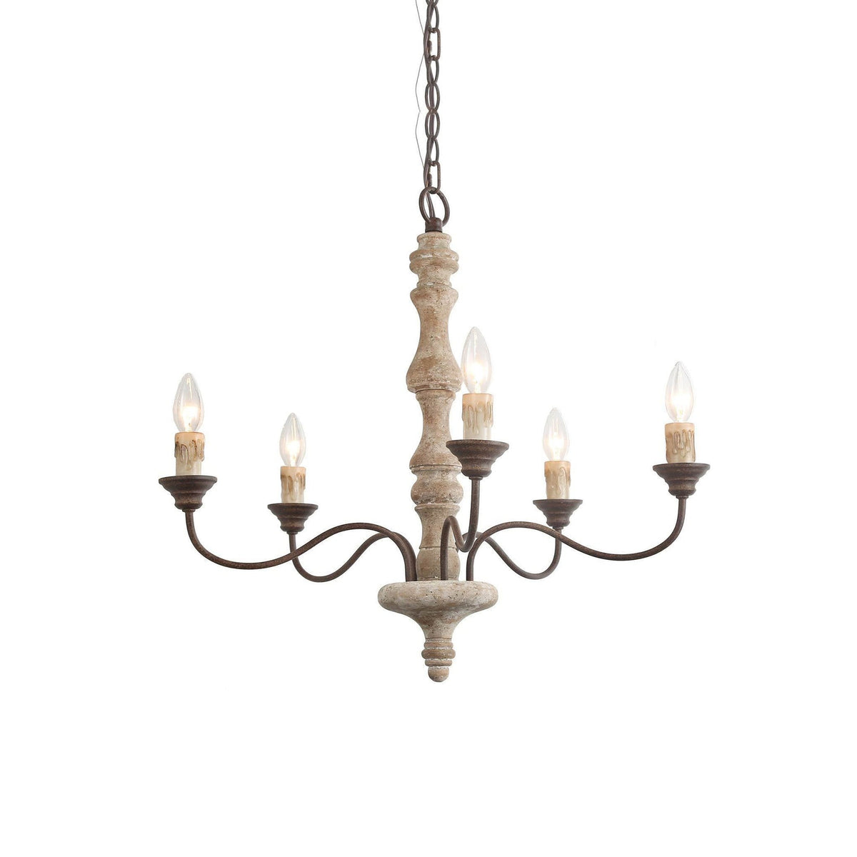 Candlestick Farmhouse Chandelier – Rustic Iron & Wood 5-Light Pendant for Dining Room