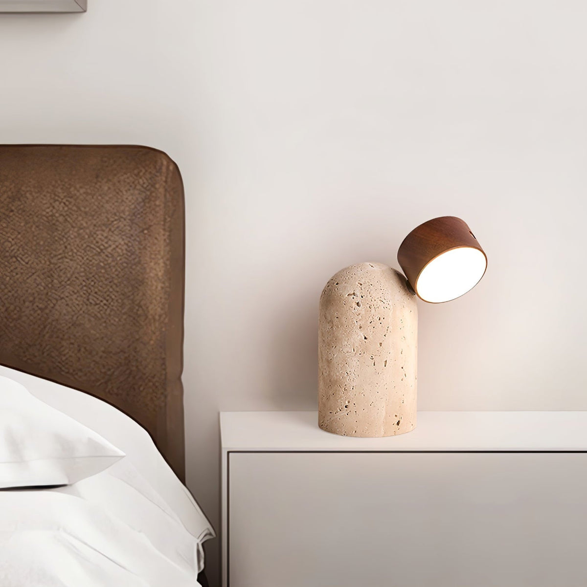 Capsule Stone Table Lamp with Travertine Base and Walnut Accent