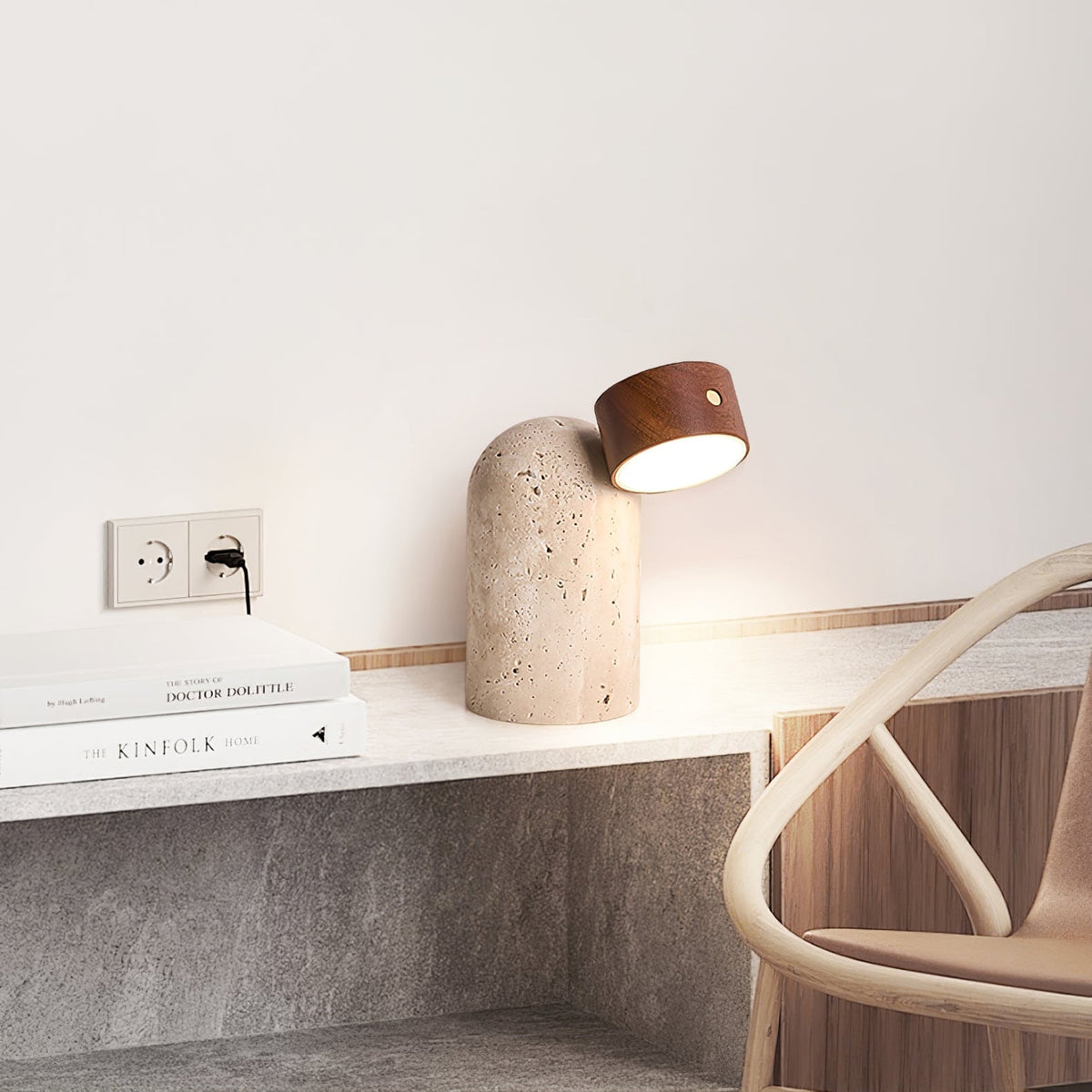 Capsule Stone Table Lamp with Travertine Base and Walnut Accent