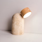 Capsule Stone Table Lamp with Travertine Base and Walnut Accent