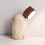 Capsule Stone Table Lamp with Travertine Base and Walnut Accent