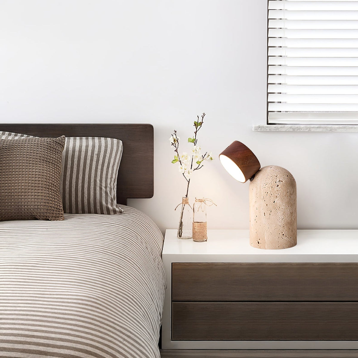 Capsule Stone Table Lamp with Travertine Base and Walnut Accent