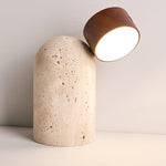 Capsule Stone Table Lamp with Travertine Base and Walnut Accent