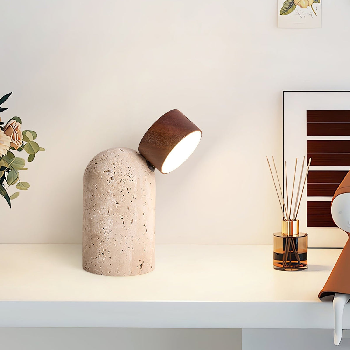 Capsule Stone Table Lamp with Travertine Base and Walnut Accent