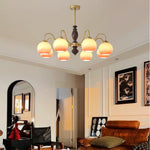 Caramel Glass Orb Chandelier with Gold and Walnut Finishes