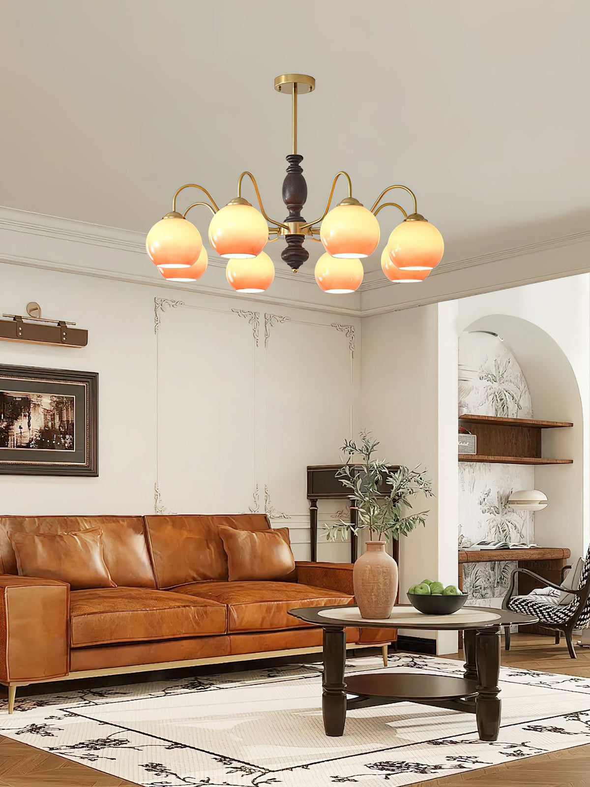 Caramel Glass Orb Chandelier with Gold and Walnut Finishes