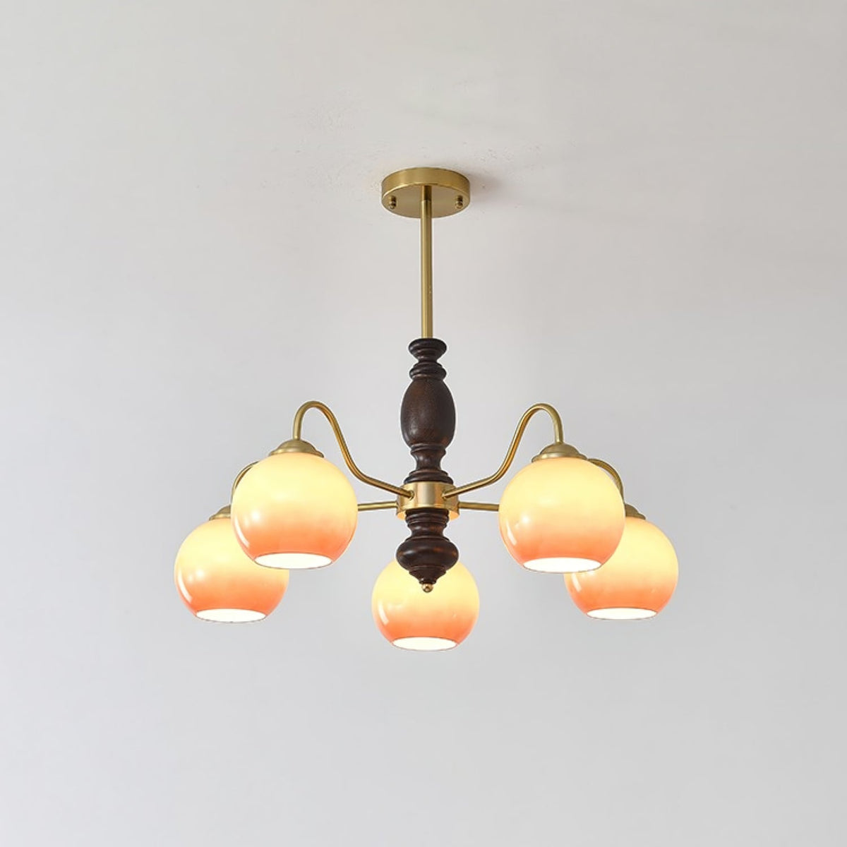 Caramel Glass Orb Chandelier with Gold and Walnut Finishes