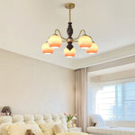 Caramel Glass Orb Chandelier with Gold and Walnut Finishes