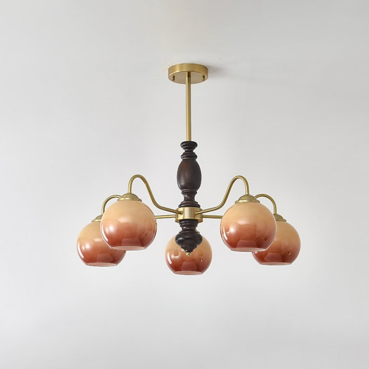 Caramel Glass Orb Chandelier with Gold and Walnut Finishes