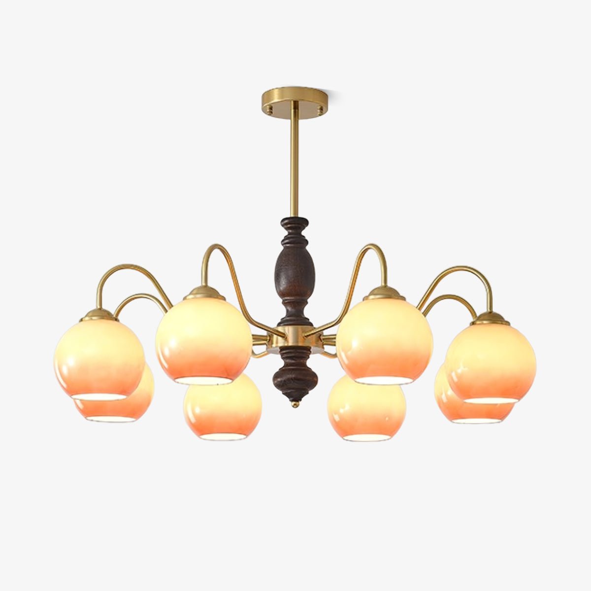Caramel Glass Orb Chandelier with Gold and Walnut Finishes