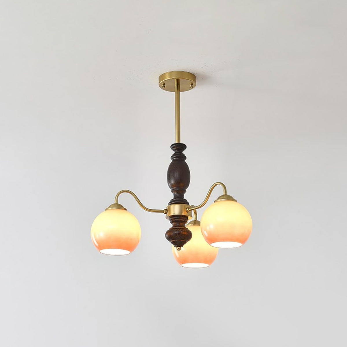 Caramel Glass Orb Chandelier with Gold and Walnut Finishes