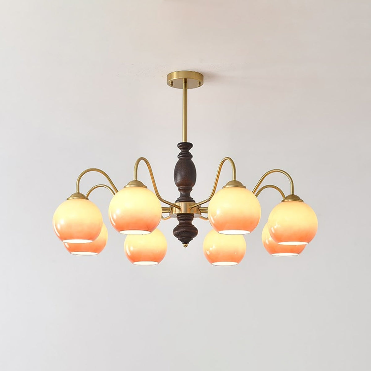 Caramel Glass Orb Chandelier with Gold and Walnut Finishes