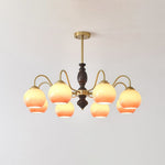 Caramel Glass Orb Chandelier with Gold and Walnut Finishes