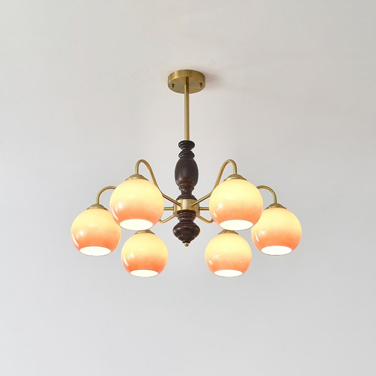 Caramel Glass Orb Chandelier with Gold and Walnut Finishes