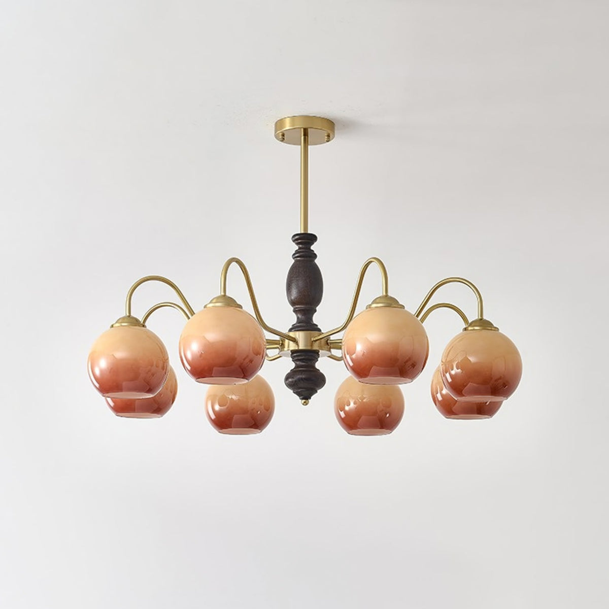 Caramel Glass Orb Chandelier with Gold and Walnut Finishes