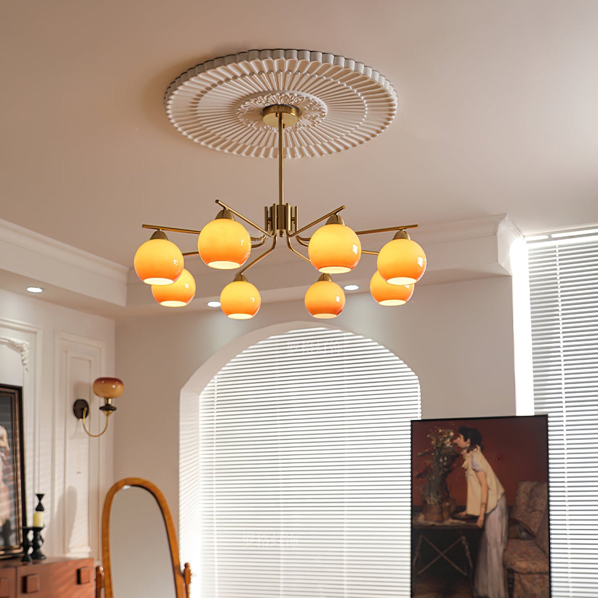 Caramel Glass Globe Chandelier in Gold for Dining Room and Living Room