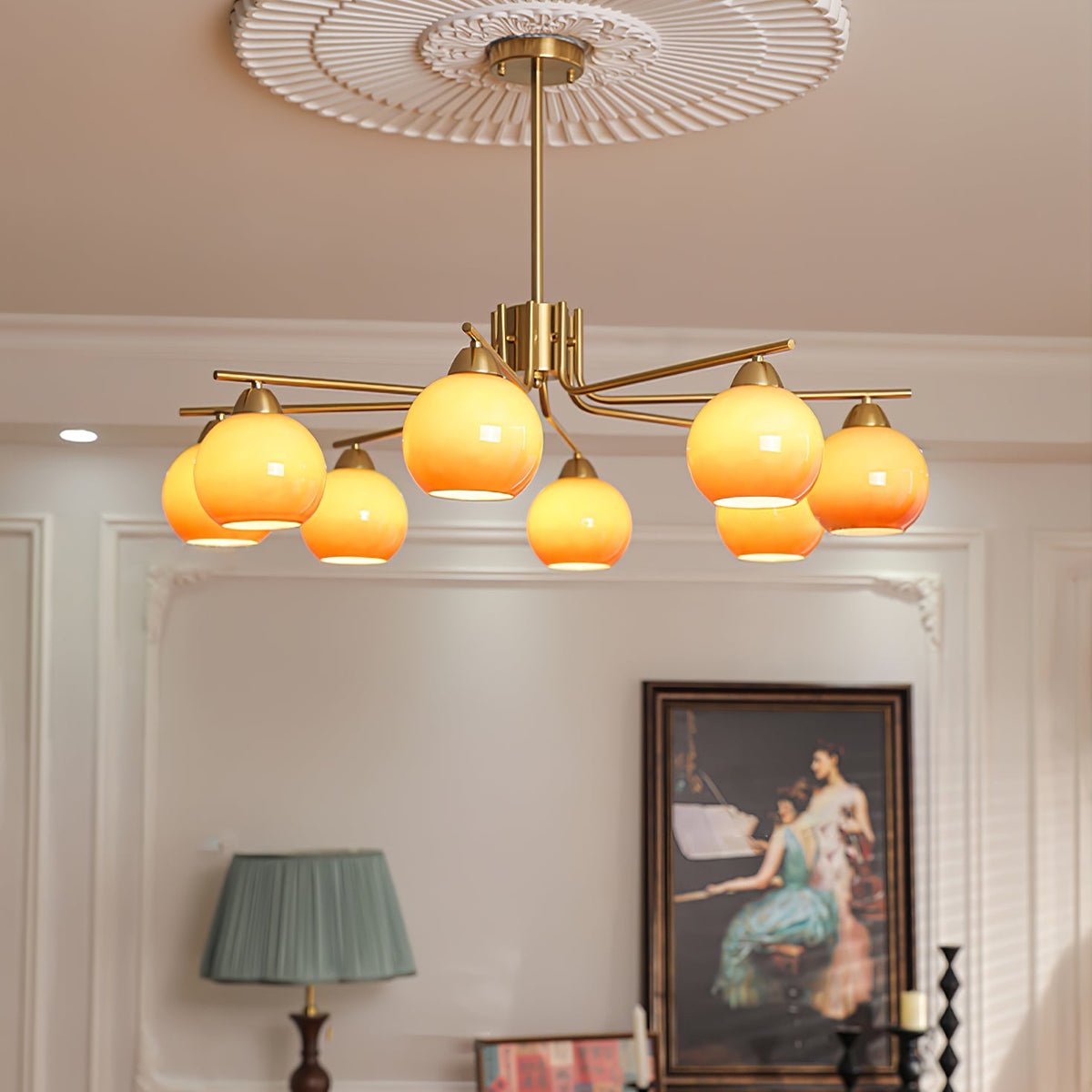 Caramel Glass Globe Chandelier in Gold for Dining Room and Living Room