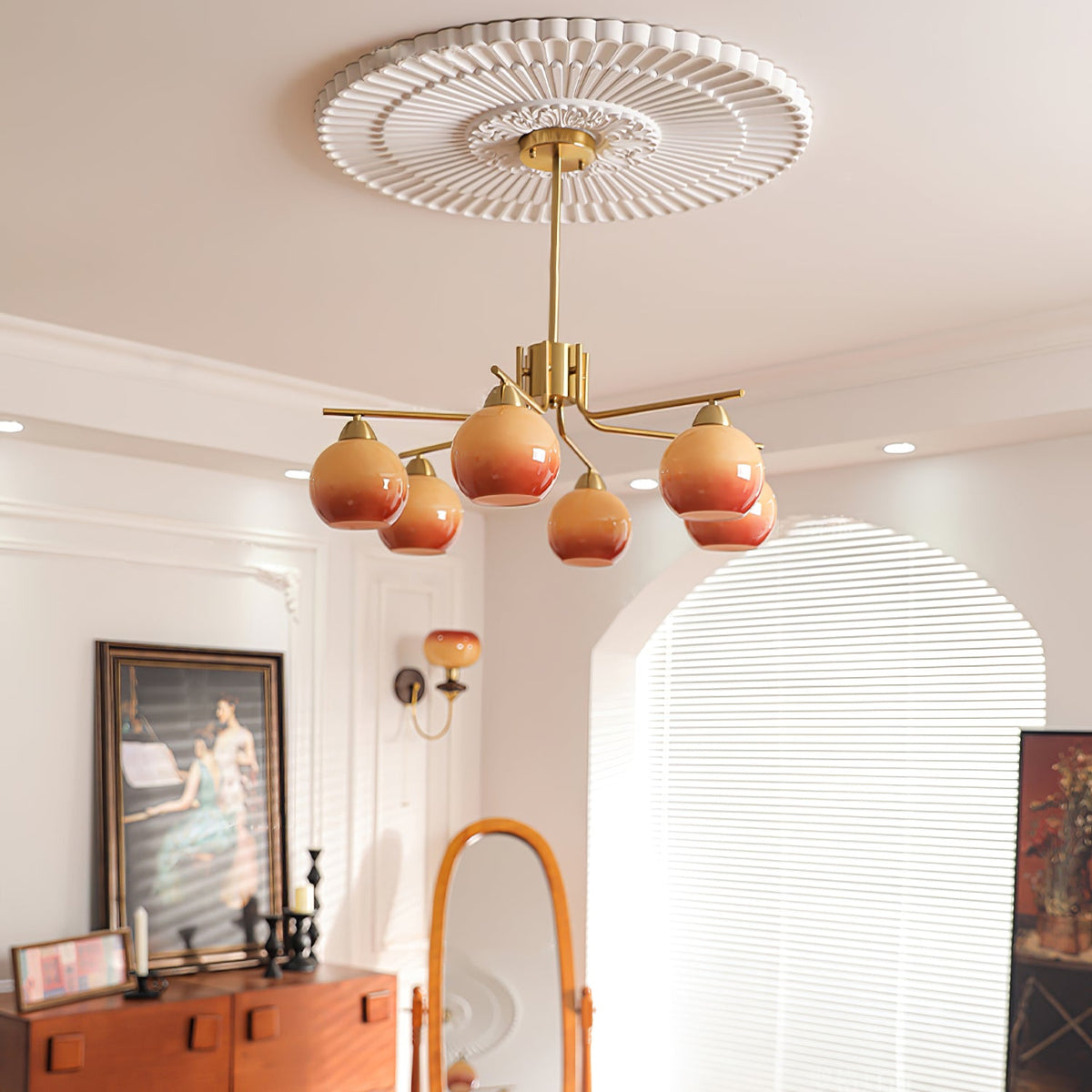 Caramel Glass Globe Chandelier in Gold for Dining Room and Living Room