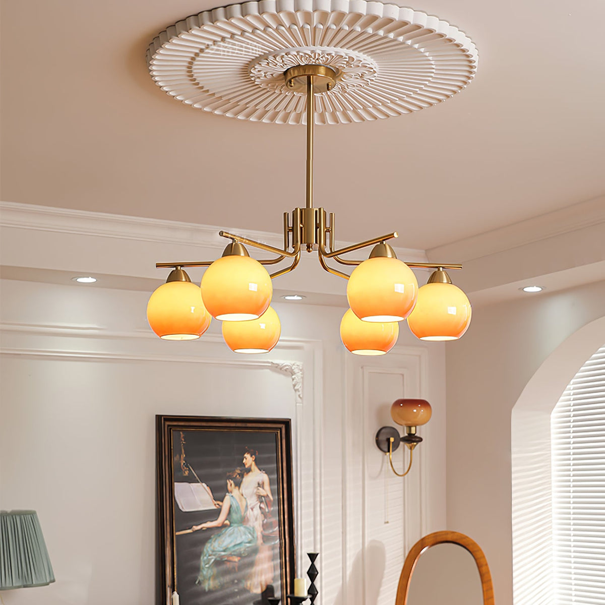 Caramel Glass Globe Chandelier in Gold for Dining Room and Living Room