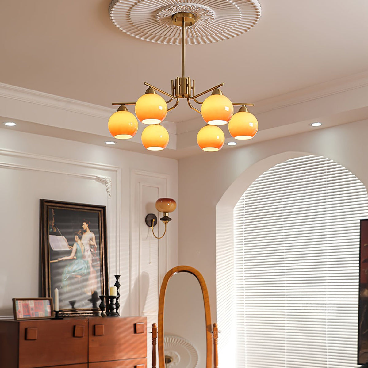 Caramel Glass Globe Chandelier in Gold for Dining Room and Living Room
