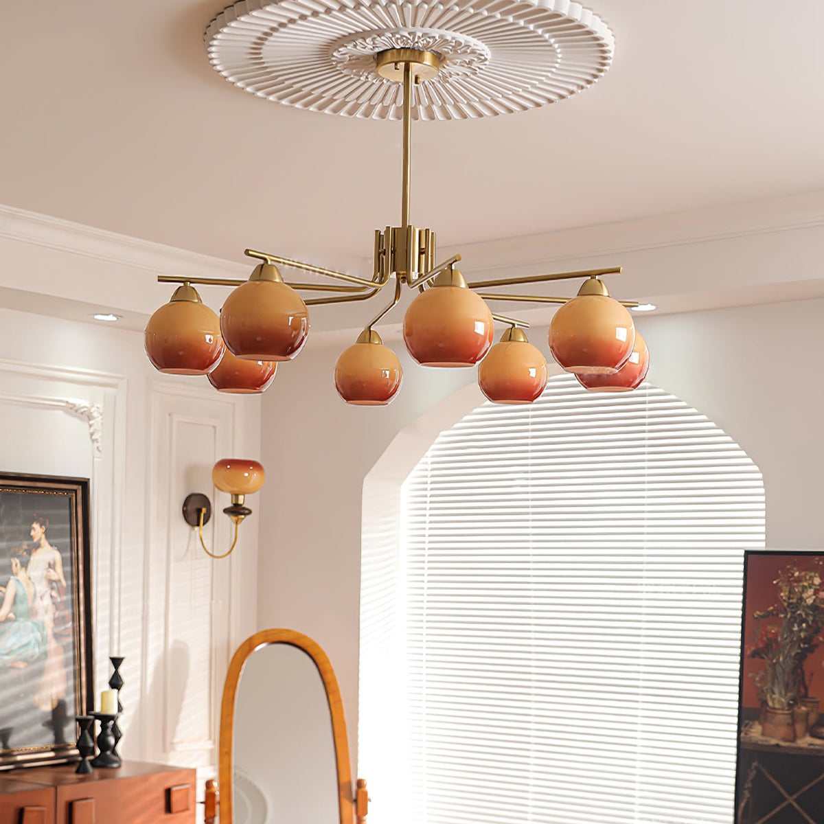 Caramel Glass Globe Chandelier in Gold for Dining Room and Living Room