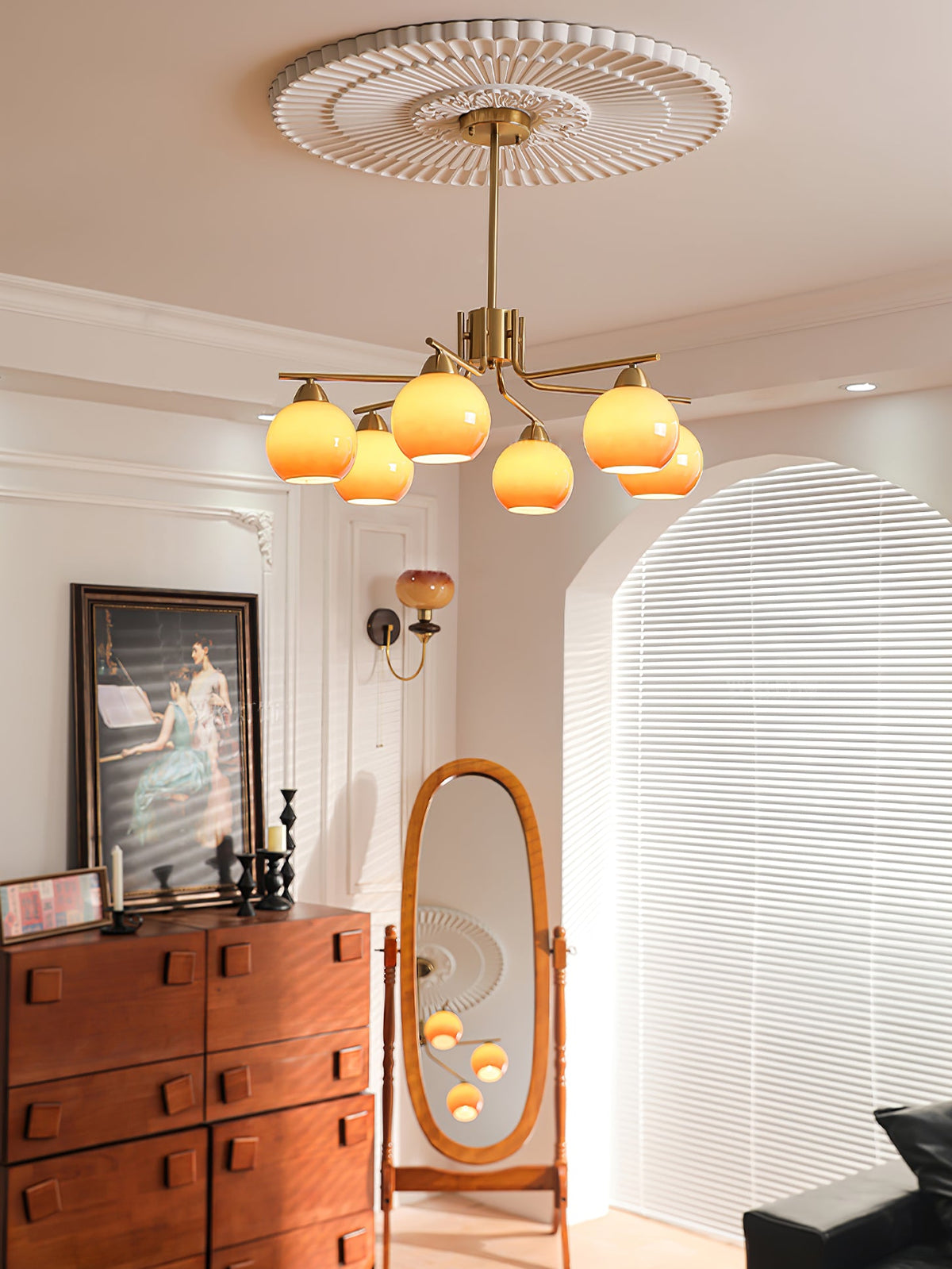 Caramel Glass Globe Chandelier in Gold for Dining Room and Living Room