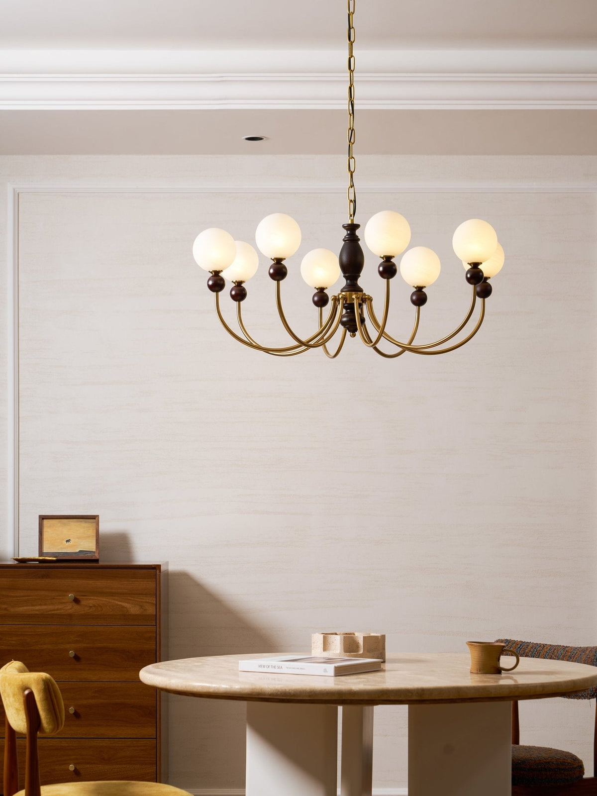 Carmina Orbital Chandelier – Modern Glass and Wood Designer Ceiling Light