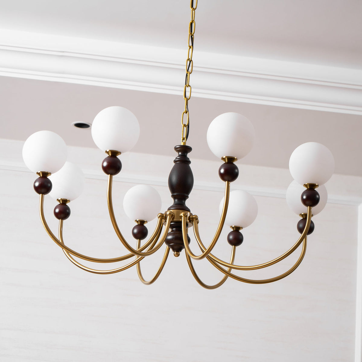 Carmina Orbital Chandelier – Modern Glass and Wood Designer Ceiling Light